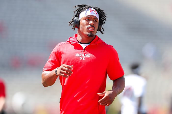 Sep 4, 2021; College Park, Maryland, USA; Maryland Terrapins defensive back Nick Cross (3) warms up prior to their game against the West Virginia Mountaineers at Capital One Field at Maryland Stadium. Mandatory Credit: Ben Queen-USA TODAY Sports